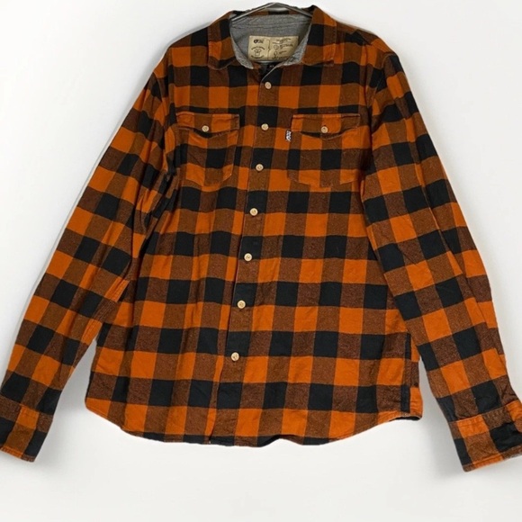 Organic Cotton Orange Plaid Button Down Shirt Men XL Wood Buttons Elbow Patches - Picture 2 of 10